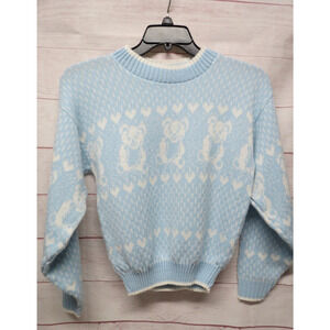 Vintage Chris Ann Light Blue & White Teddy Bear Heart Sweater Size S / M ?